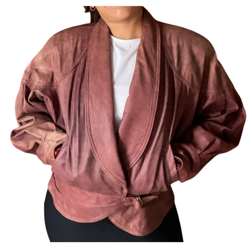 Vintage 80s Winlit Burgundy Leather Wrap Jacket Belted Power Shoulders M